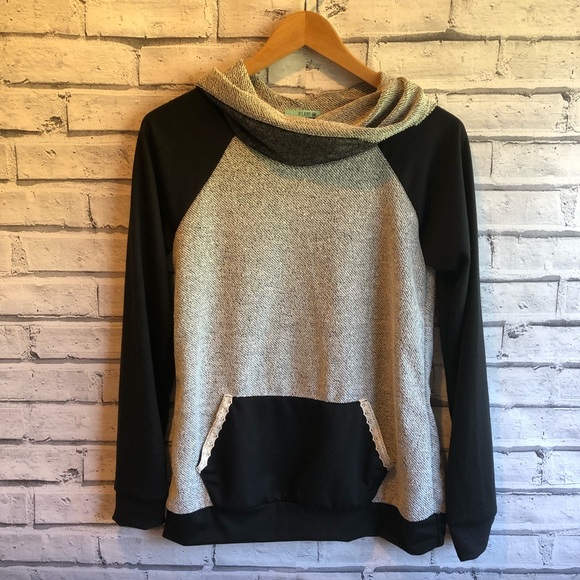 P.S. Kate Tops - New Black & Light Gray Cowl Neck Top W/ Pocket